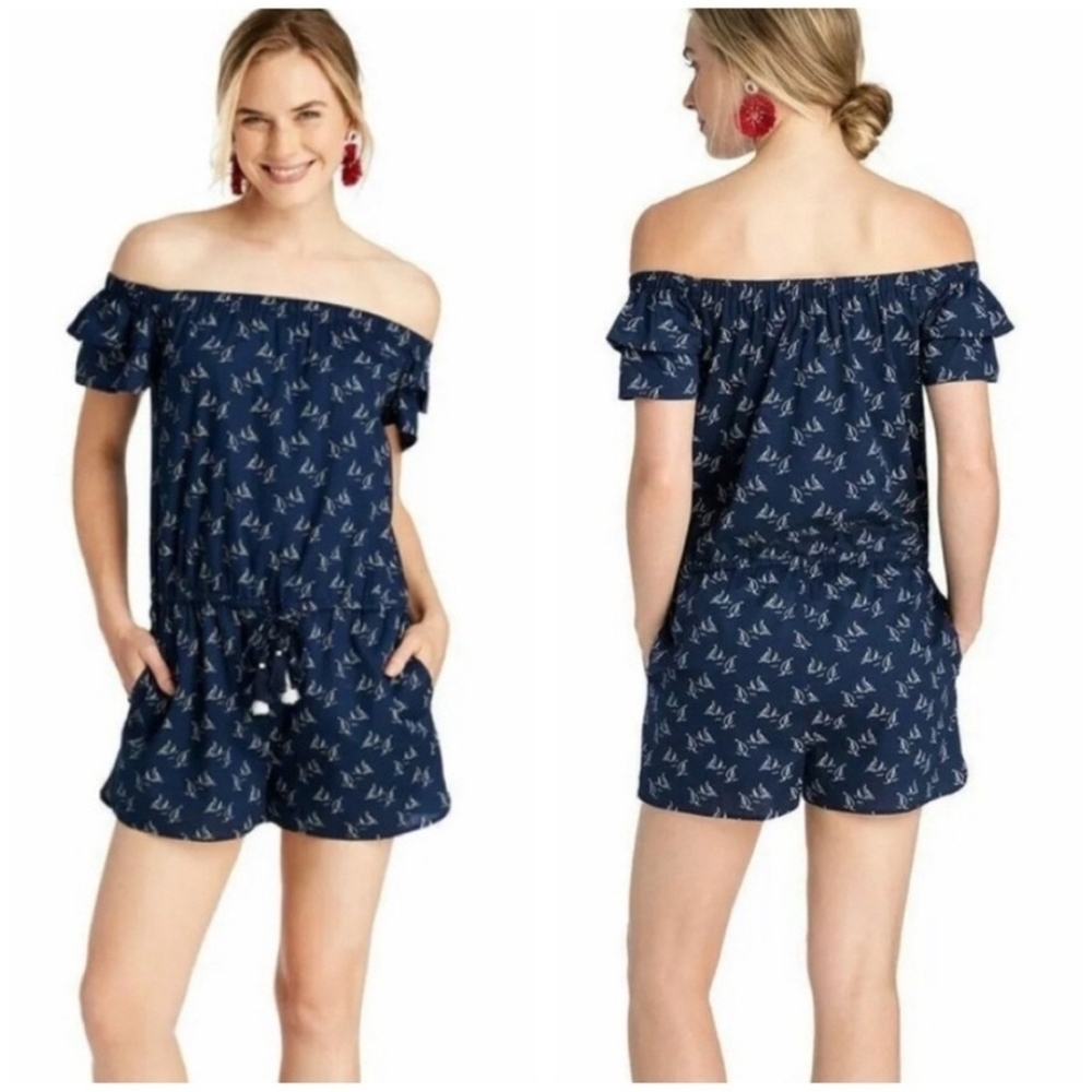 Vineyard Vines Navy Off-Shoulder Romper Sailboat Print Sm Coastal Nautical